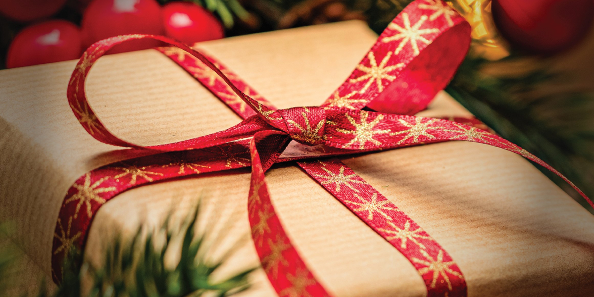 wrapped gift box with festive decor